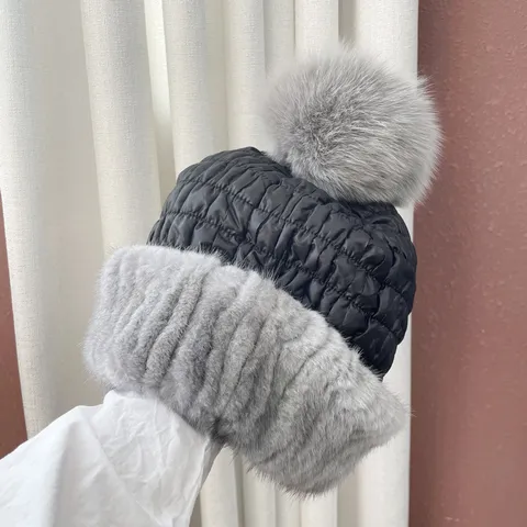 Winter Warm Mink Fur Knitted Down Cotton Hat With Big Fox Fur Ball Cute Ear Protection Thickened Women Plush Hat