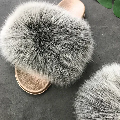 Women's Luxury Fox Fur Slippers Metallic Gold Sole Non-Slip Warm Indoor Outdoor Casual Slide Sandals Fashion Shoes