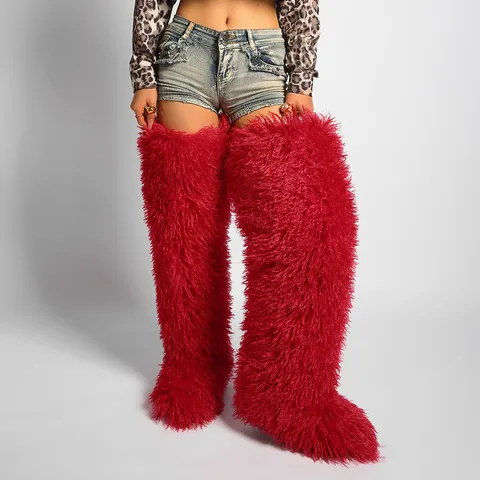 Women's Over The Knee Snow Boots Faux Fur Long Plush High Boots Winter Warm Festival Party Footwear