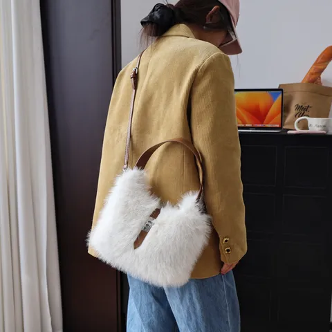 Bolso Bandolera de Piel Sintética Fluffy de Invierno para Mujer Color Macaron Bolso de Hombro de Peluche Bolso de Mano con Cierre