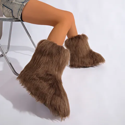 Botas de Nieve de Piel Sintética de Zorro para Mujer Y2K Botas de Invierno de Peluche Esponjosas Cálidas Acogedoras Casuales Calzado de Exterior