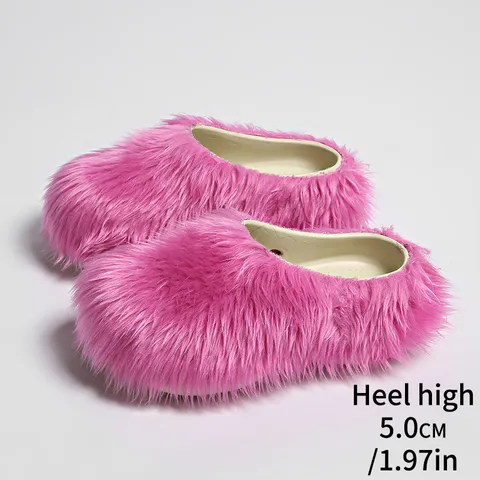 Unisex Faux Fur Platform Mule Slippers Thick Sole Fluffy House Shoes Warm Winter Slip On Slides Casual Fashion Footwear