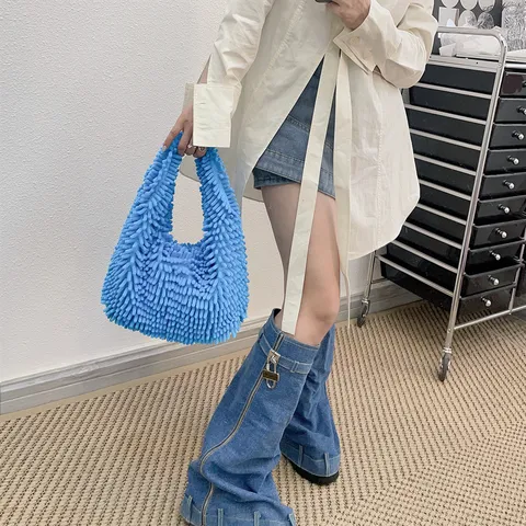 Grand Sac Cabas Peluche Chenille Sac à Main Couleur Bonbon Doux Marshmallow Sac Bandoulière Épaule Pour Femmes