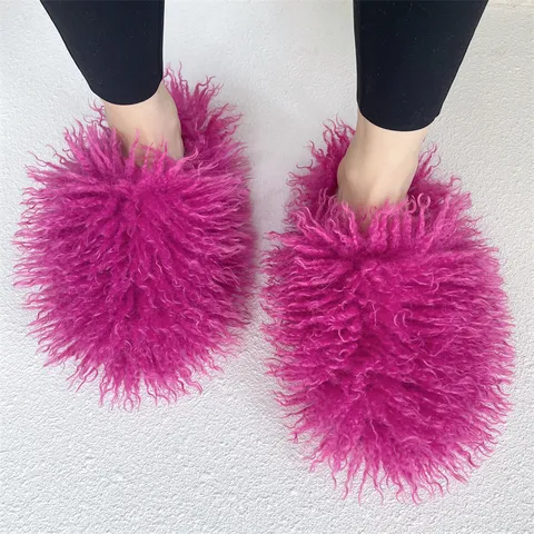 Women Faux Mongolian Fur Slippers Flat Casual Warm House Shoes Fluffy Soft Indoor Slide Footwear Daily Wear