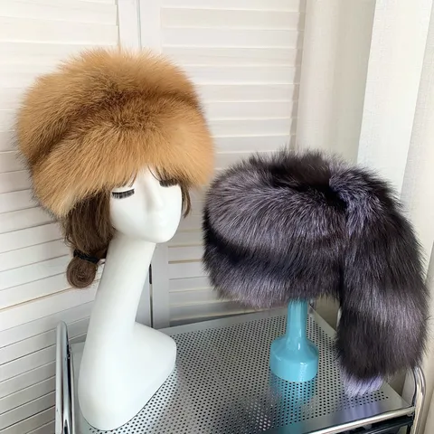 Women Winter Warm Thickened Fox Fur Hat Ethnic Style Plush Furry Cap With Natural Fox Tail Winter Outdoor Wear