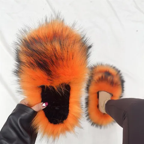 Women Faux Raccoon Fur Plush Slippers Thick Sole Warm Winter Indoor Outdoor Casual Shoes Y2K Punk Style Furry Shoes
