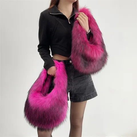 Women Faux Fur Handbag Plush Vest Style Hobo Tote Bag Sweet Cool Y2K Fashion Street Style Shoulder Bag