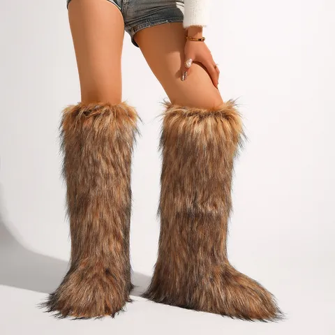 Women's Faux Fur Knee High Snow Boots Y2K Winter Warm Thick Long Furry Boots Chunky Flat Fashion Casual Shoes