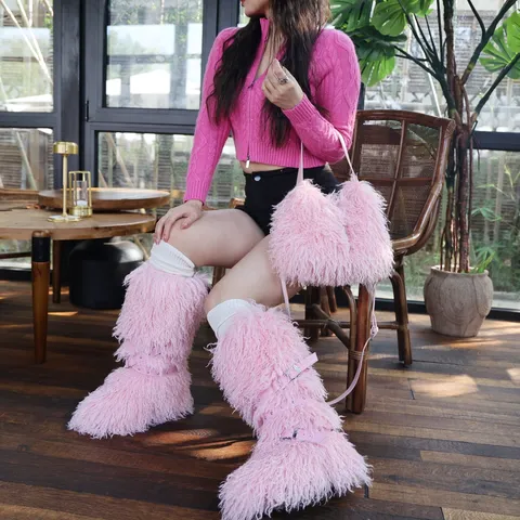 Women High Tube Faux Fur Snow Boots Thick Platform Winter Warm Cotton Boots Set Cross Strap Rivet Fashion Footwear