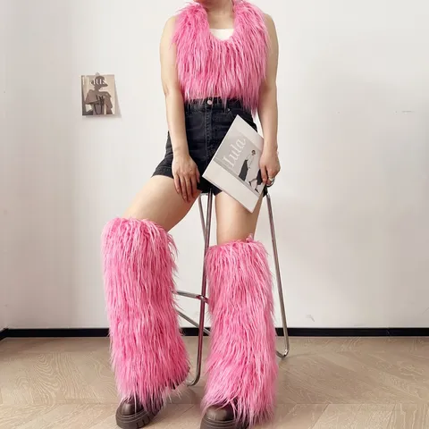 Women's Fashion Faux Fur Vest And Leg Warmers Set Sexy Open Back Halter Pullover Sleeveless Shaggy Fur Top Party Outfit