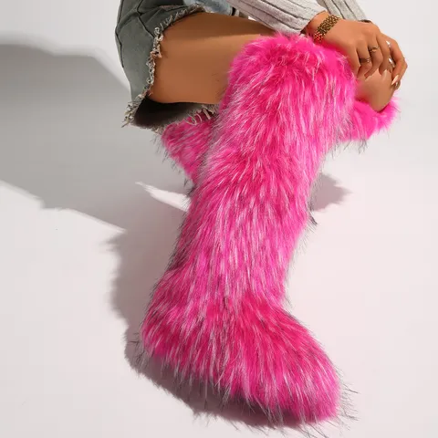Women's Faux Fur Knee High Snow Boots Y2K Winter Warm Thick Long Furry Boots Chunky Flat Fashion Casual Shoes