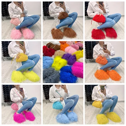 Women Mongolian Fur Slides Winter Warm Shearling Slippers Casual Indoor Outdoor Fluffy Faux Fur Flat Shoes