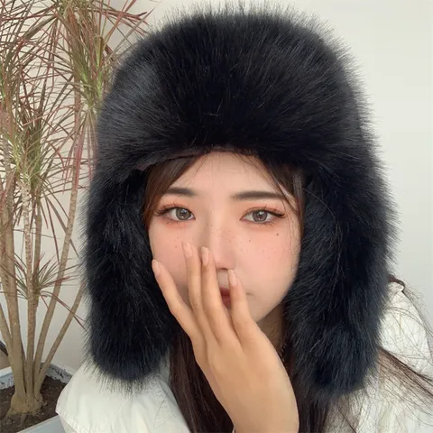Winter Faux Fox Fur Ushanka Hat Thickened Plush Windproof Ear Protection Ski Cap