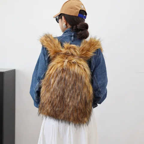 Large Capacity Faux Fur Backpack Y2K Street Trend Casual Plush School Bookbag For Men And Women Travel Daypack