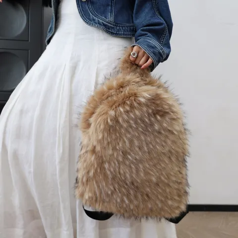 Large Capacity Faux Fur Backpack Y2K Street Trend Casual Plush School Bookbag For Men And Women Travel Daypack