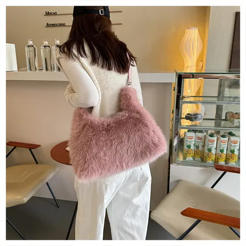 Femmes Fausse Fourrure de Renard Cabas Hiver Peluche Sac à Main Doux Moelleux Sac Bandoulière Décontracté Grande Capacité
