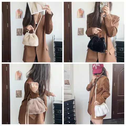 Damen Kunstnerz Pelz Umhängetasche Retro Leopardenmuster Plüsch Eimer Tasche Winter Flauschige Handtasche Mit Perlen Perlen Griff
