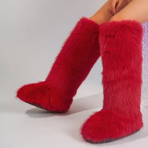 Women's High Knee Snow Boots Faux Fox Fur Winter Warm Y2K Long Furry Boots