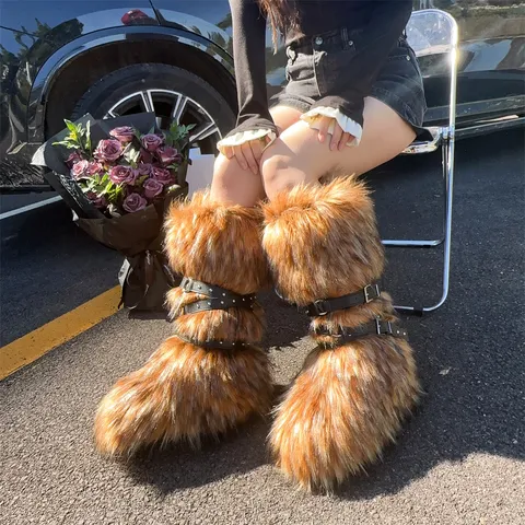 Y2K Punk Faux Fur Platform High Tube Snow Boots Women Chunky Heel Winter Warm Thick Soled Rivet Strap Long Boots