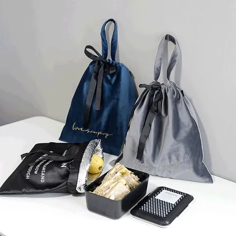 Borsa Portapranzo in Velluto Portatile Stile Ins Isolamento Termico Custodia Bento con Coulisse Borsa Portaoggetti a Mano Per Ufficio