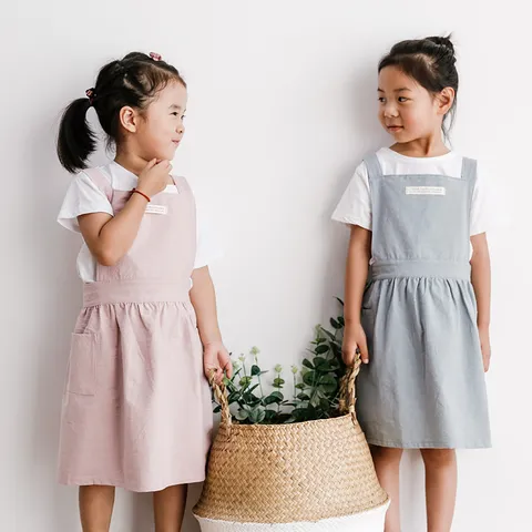 Grembiule per Bambini in Cotone Lavato Tinta Unita Minimalista Giapponese Stile Principessa Grembiule Anti-Macchia