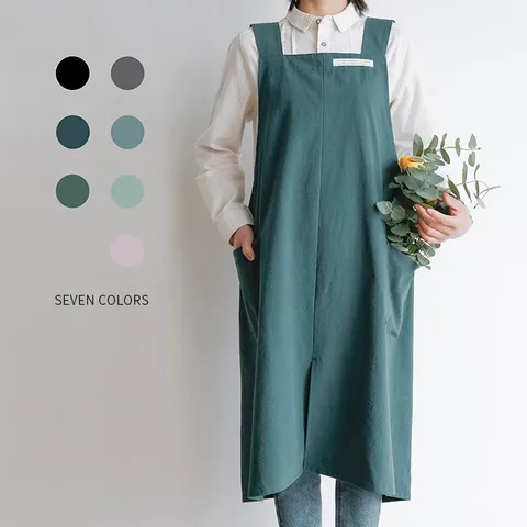 Tablier en Coton pour Femmes Style Littéraire Ample Sans Manches Blouse Tablier de Cuisine pour Fleuriste Café Maison