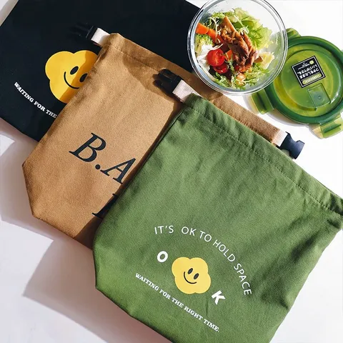Bolsa de Almuerzo de Lona Casual Bolsa Bento Aislada Impermeable Lindo Estampado de Cara Sonriente Bolsa de Pícnic de Mano Para Mujeres Oficina