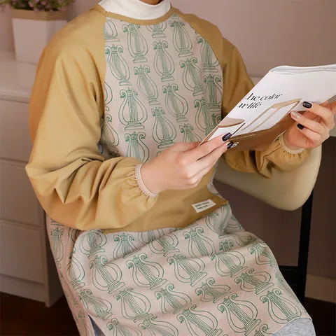 Donna Manica Lunga Cotone Camice Grembiule Vintage Stampa Lira Impermeabile Antivegetativo Cucina Studio d'Arte Abito da Lavoro