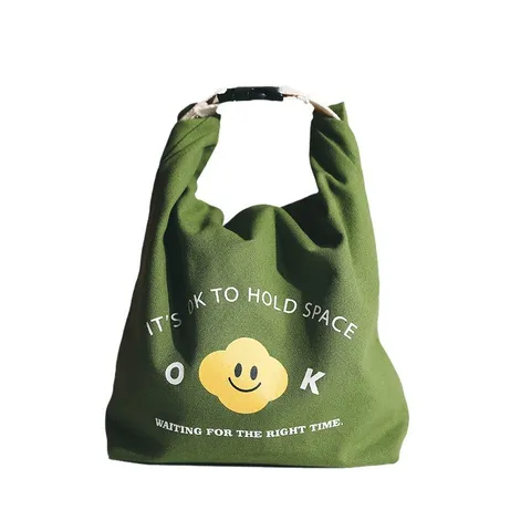 Bolsa de Almuerzo de Lona Casual Bolsa Bento Aislada Impermeable Lindo Estampado de Cara Sonriente Bolsa de Pícnic de Mano Para Mujeres Oficina