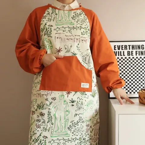 Donna Manica Lunga Cotone Camice Grembiule Vintage Stampa Lira Impermeabile Antivegetativo Cucina Studio d'Arte Abito da Lavoro