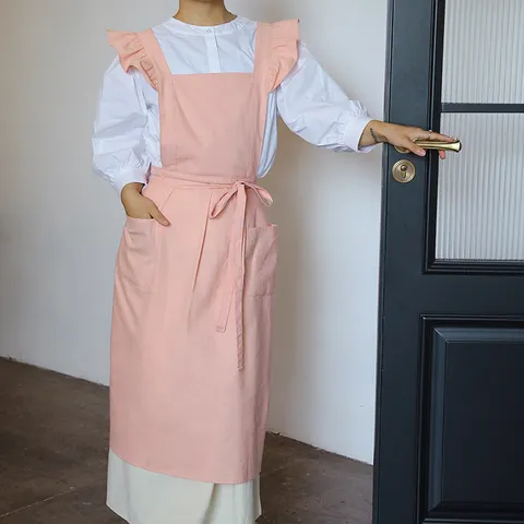 Delantal con Volantes para Mujer Delantal de Cocina de Algodón Impermeable Antimanchas Lindo Delantal de Cocina con Bolsillos