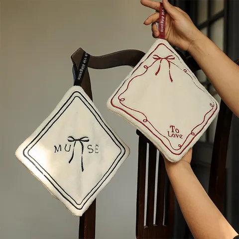 Thickened Absorbent Hand Towel Bowknot Embroidery Soft Coral Fleece Hanging Hand Towel For Kitchen Bathroom