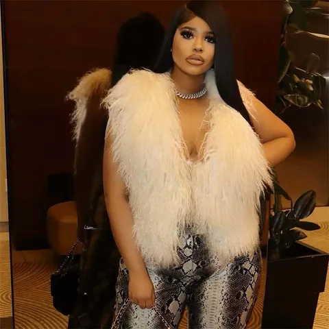 Women's Faux Fur Vest Sexy Halter Backless Mongolian Faux Fur Crop Top Streetwear Fashion Winter Outerwear