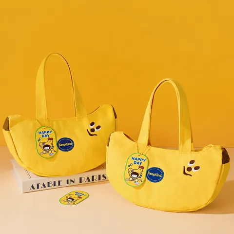 Cute Cartoon Embroidered Canvas Handbag Yellow Banana Shaped Tote Bag Daily Casual Travel Storage Bag For Women And Kids
