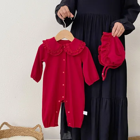 Nourrisson Bébé Fille Coton Grenouillère Manches Longues Combinaison Princesse Avec Joli Col Volant Et Chapeau Assorti Vêtements De Printemps