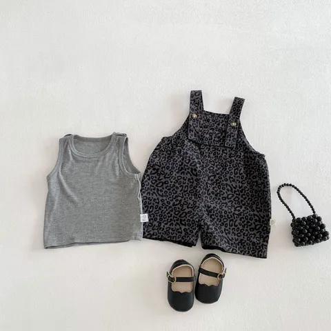 Baby Romper Set Summer Cotton Leopard Print Overalls And Short Sleeve Top Cute Infant Boy Girl Clothing Two-Piece Outfit