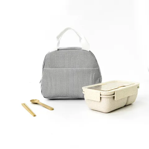 Seersucker Gestreifte Isolierte Lunchtasche Wasserdichte Thermische Tote Handtasche Tragbar Wiederverwendbar Für Büro Pendeln