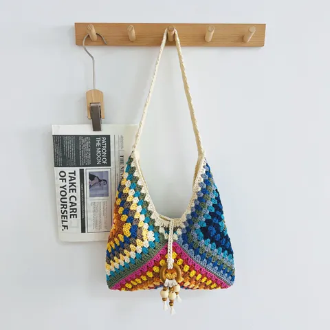Böhmische Baumwolle Gehäkelte Granny-Square Gewebte Schultertasche Mit Quasten Und Holzperlen Strand Urlaubstasche Für Damen