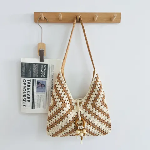 Böhmische Baumwolle Gehäkelte Granny-Square Gewebte Schultertasche Mit Quasten Und Holzperlen Strand Urlaubstasche Für Damen
