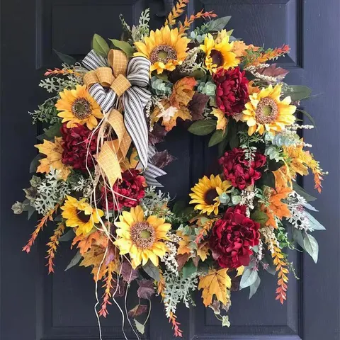 Artificial Sunflower Wreath French Country Style Door Decor With Red Peony Maple Leaves Striped Bow For Home Wall Garden