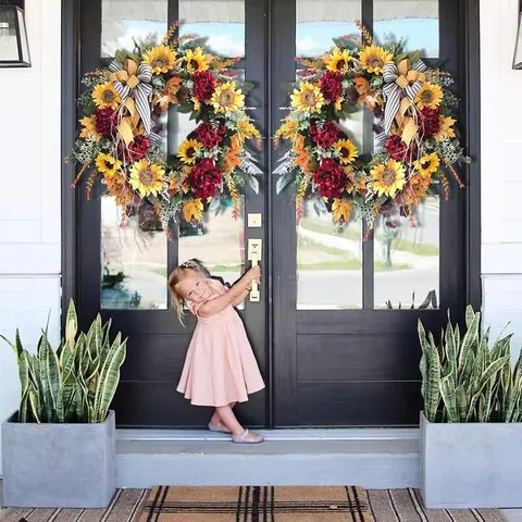 Artificial Sunflower Wreath French Country Style Door Decor With Red Peony Maple Leaves Striped Bow For Home Wall Garden