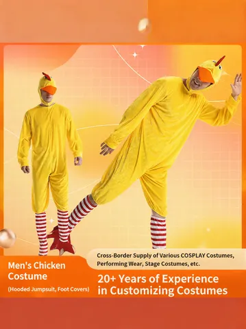 Costume de Cosplay de Poulet Adulte Homme Halloween Drôle Combinaison Animale Avec Coiffe et Chaussettes Soirée Déguisée