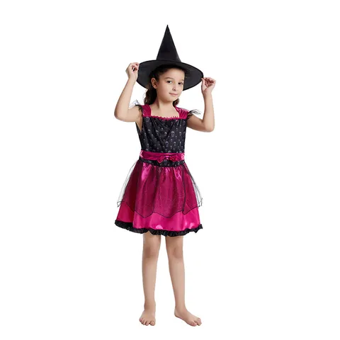 Robe de Performance d'Halloween avec Crâne et Chapeau de Sorcière pour Filles Costume de Fête pour Enfants en Polyester