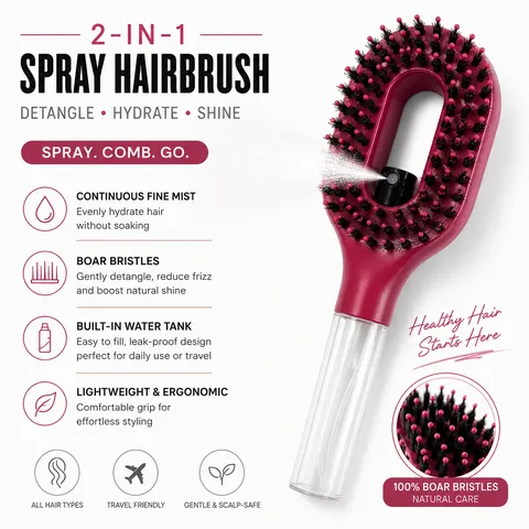 Spray Hair Brush Handle Press Water Comb Boar Bristle Detangling Hairbrush Scalp Massage Hair Styling Tool