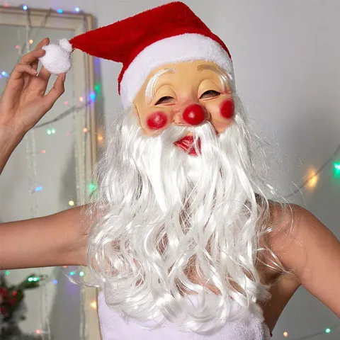 Christmas Santa Claus Latex Mask With Hooded Red Hat And Long White Beard Scary Costume Party Holiday Cosplay Headgear