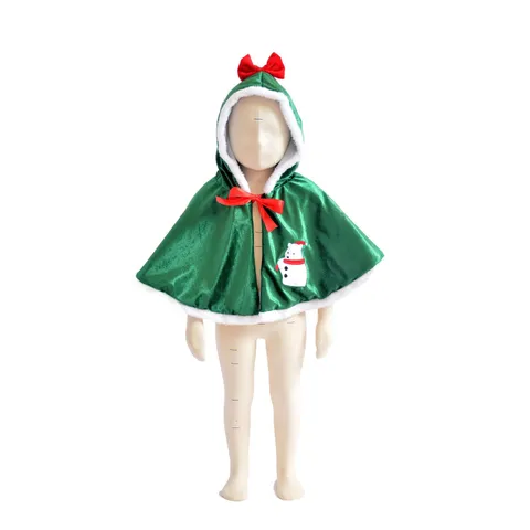 Children Christmas Hooded Velvet Cape Cloak Xmas Party Performance Costume With White Plush Trim And Embroidery