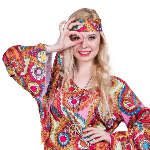 Women Retro 60s Hippie Costume Long Flare Sleeve Paisley Floral Print Dress Halloween Cosplay Party Performance Outfit