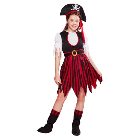 Costume de Pirate d'Halloween pour Enfants Rayé Rouge et Noir Cosplay Fête Performance Tenue Robe de Vacances avec Chapeau et Accessoires