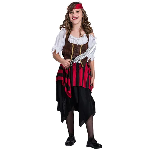 Costume de Pirate d'Halloween pour Enfants Rayé Rouge et Noir Cosplay Fête Performance Tenue Robe de Vacances avec Chapeau et Accessoires