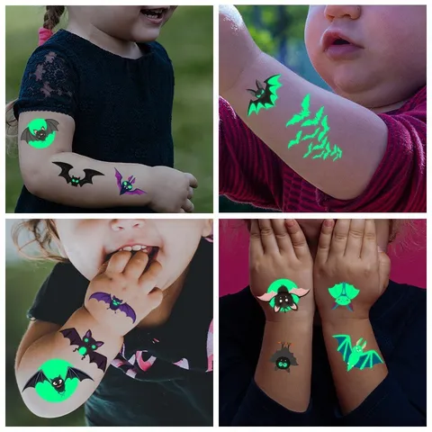Kinderen Lichtgevende Halloween Tijdelijke Tattoo Stickers Waterdicht Gloed Cartoon Vleermuis Doodskop Feest Cadeaus